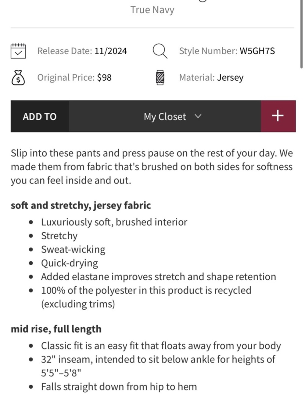 lululemon athletica Navy soft jersey mid rise Pants - Picture 2 of 6